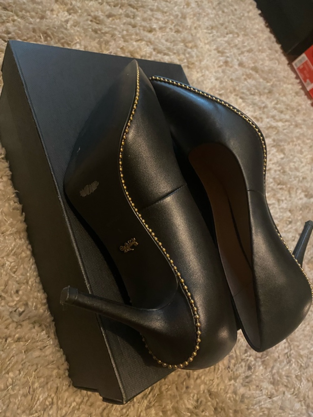 Coach Waverly 85 BChain Black Pointed Toe Leather Heels with Gold Stud Trim - Picture 8 of 10